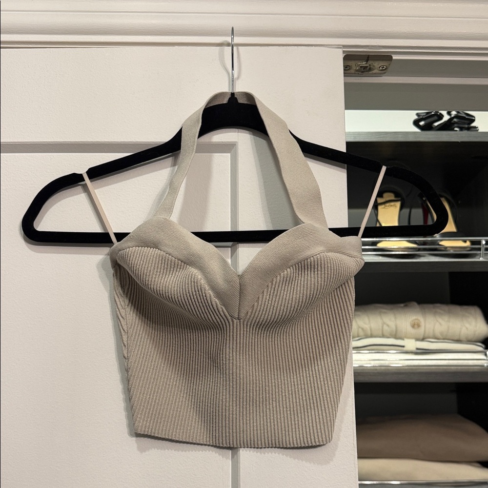 Aritzia Beige Ribbed Halter Bustier Crop Top